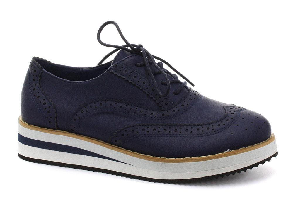 Foto New Odeon Navy Brogue EVA Wedge Womens Lace Up Creeper Shoes