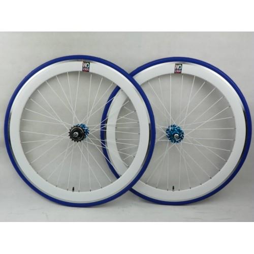 Foto No Logo 40mm 700c White/Blue Track/Fixie Deep V Wheelset - BLUE HUBS + Tyres & Tubes