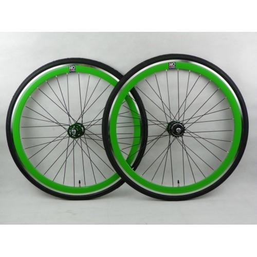 Foto No Logo Green/Black 40mm Fixie Wheelset - Flip Flop Hubs Includes Tyres & Tubes