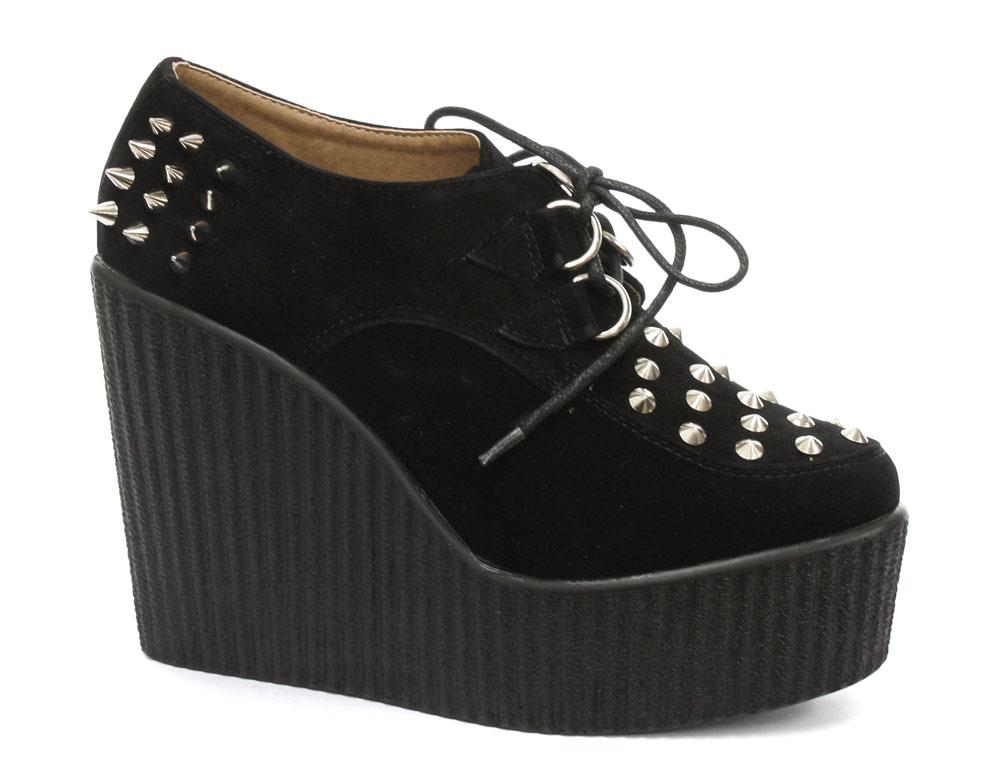 Foto Odeon Black Faux Suede Studded Womens Platform Wedge Creepers