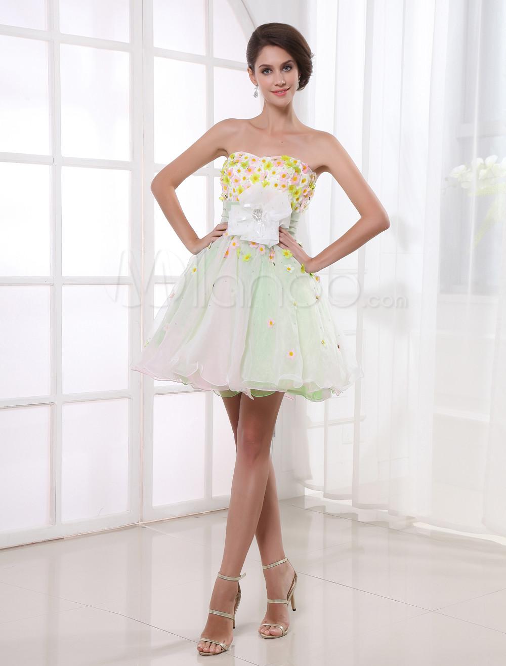Foto Organza Marfil una línea Floral vestido corto sin tirantes del regreso al hogar