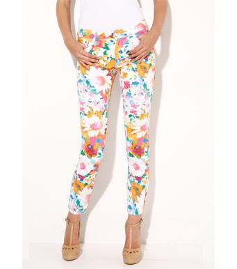 Foto Pantalón largo mujer elástico print flores rosa