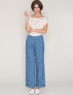 Foto Pantalon adela tejano azul estampado Áncoras pata ancha de pepaloves