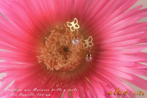 Foto Par pendientes oro 18K largo mariposa calada y perla
