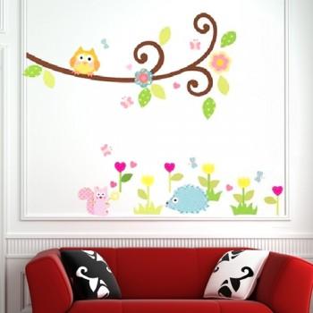 Foto pegatina adhesivo pared búho arbol flor hoja multicolor para niños