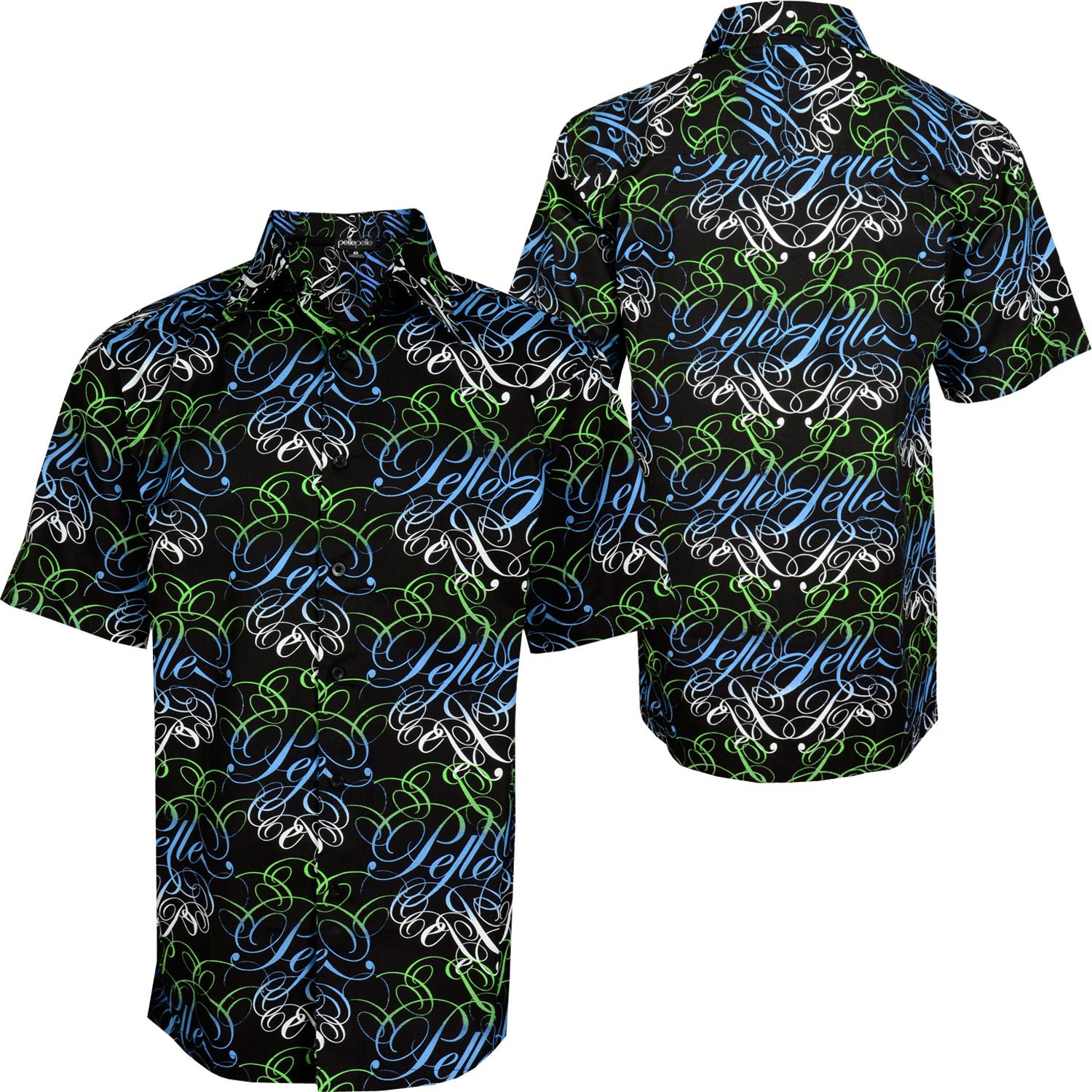Foto Pelle Pelle Script Embroidered Camisas Negro Azul