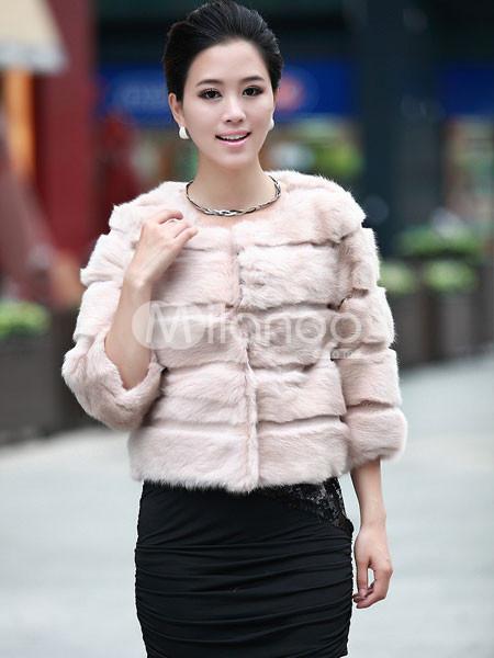 Foto Pelo de conejo de calidad Rosa ronda abrigos de piel de mujer de cuello