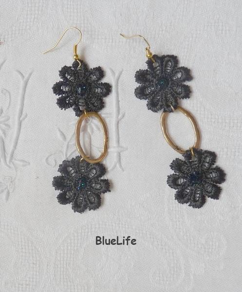 Foto Pendientes encaje flor margarita negro anillos