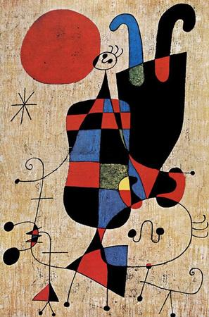 Foto Perro Frente al Sol de Miró, pintura figurativa de animal, cuadro.