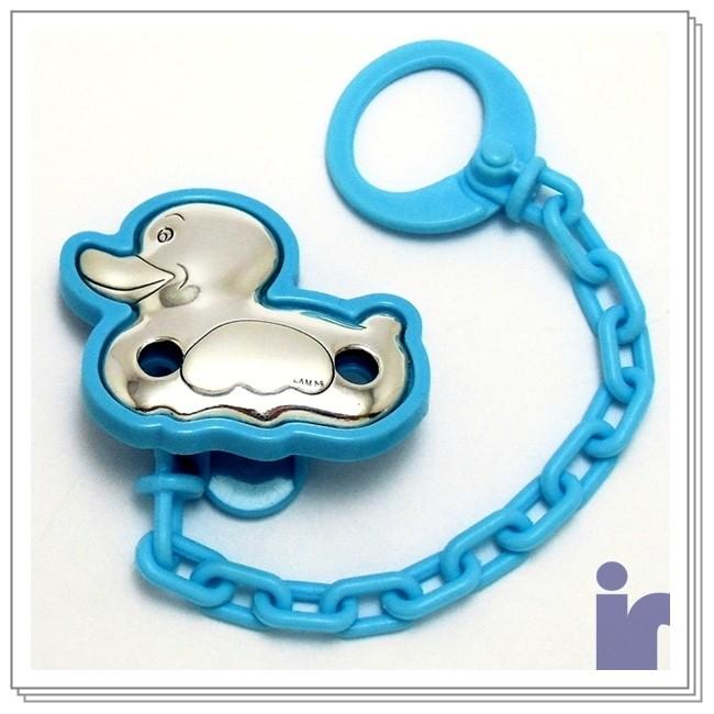 Foto Pinza chupete bebé laminado plata Ley pato azul [5168]