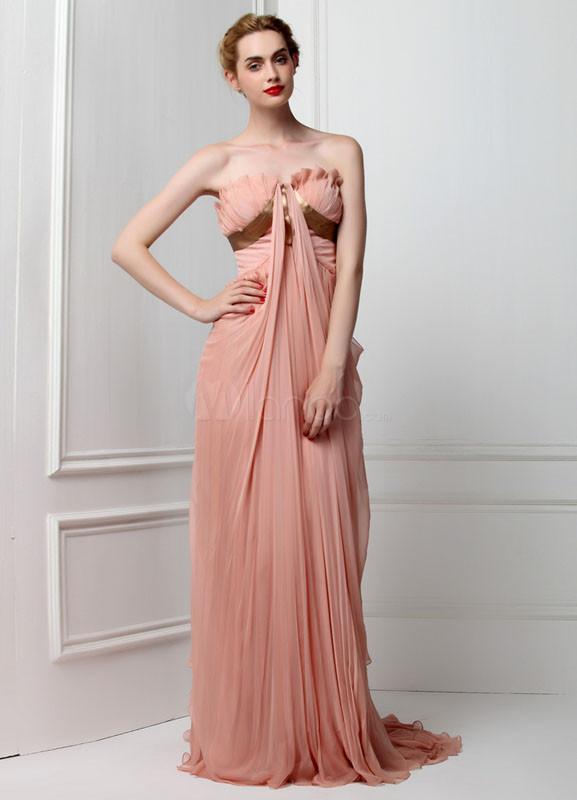 Foto Plisada de gasa rosa elegante vestido de noche sin tirantes de la mujer