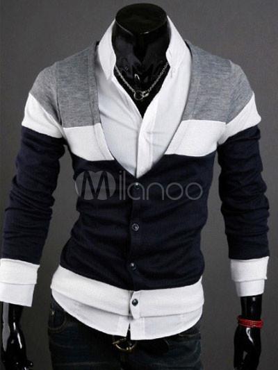 Foto Popular Color azul marino oscuro bloqueo chaqueta de cuello v algodón mezcla los hombres