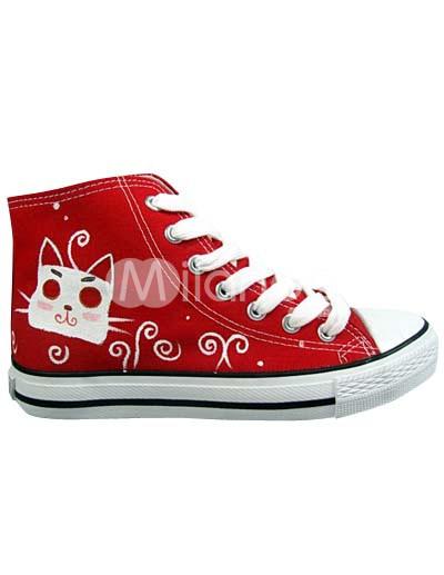 Foto Popular tobillo plana de suela de goma lienzo rojo pintada zapatos para mujer