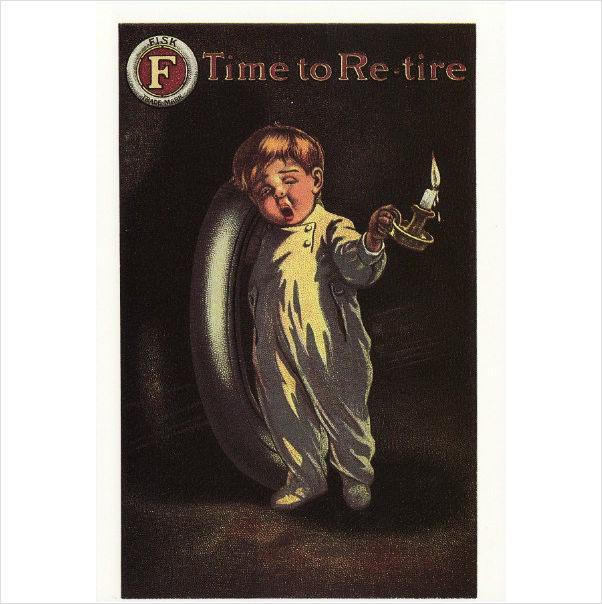Foto Postcard advert fisk rubber co time to re-tire tyre tire sleep boy candle bed
