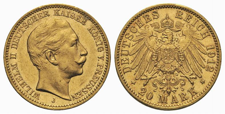 Foto Preussen: Wilhelm Ii 1888-1918 20 Mark 1912 J