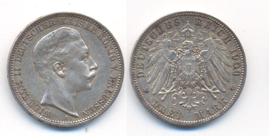 Foto Preussen: Wilhelm Ii , 1888-1918 3 Mark 1908 A