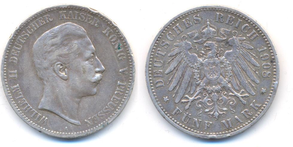 Foto Preussen Wilhelm Ii , 1888-1918 5 Mark 1908 A