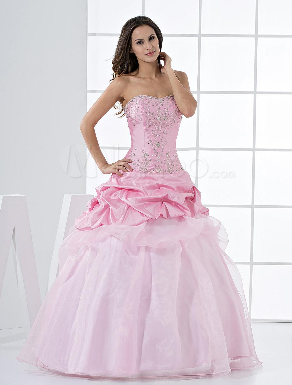 Foto Princesa rosa sin tirantes del piso volantes abalorios longitud tafetán vestido de fiesta