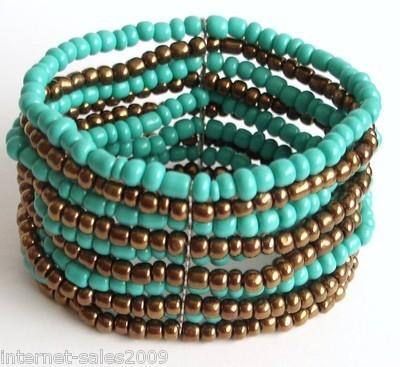 Foto Pulsera 10 Filas Tono Dorado-cobre Y Turquesa  / 10 Row Turquoise Bracelet Mt22
