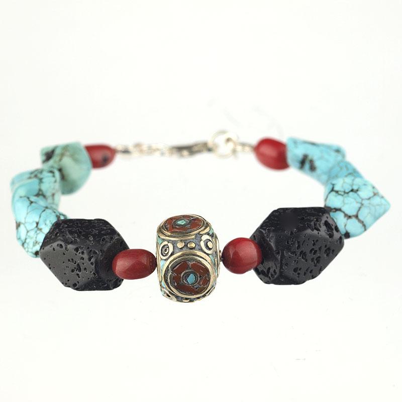 Foto Pulsera de turquesa, lava, coral y plata