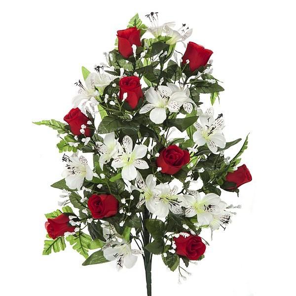 Foto Ramo artificial flores astromelias y capullos de rosas rojos