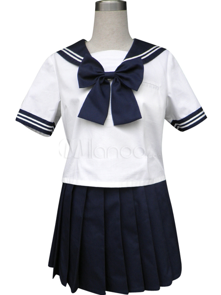 Foto Real azul manga corta uniforme marinero Escuela Traje Cosplay