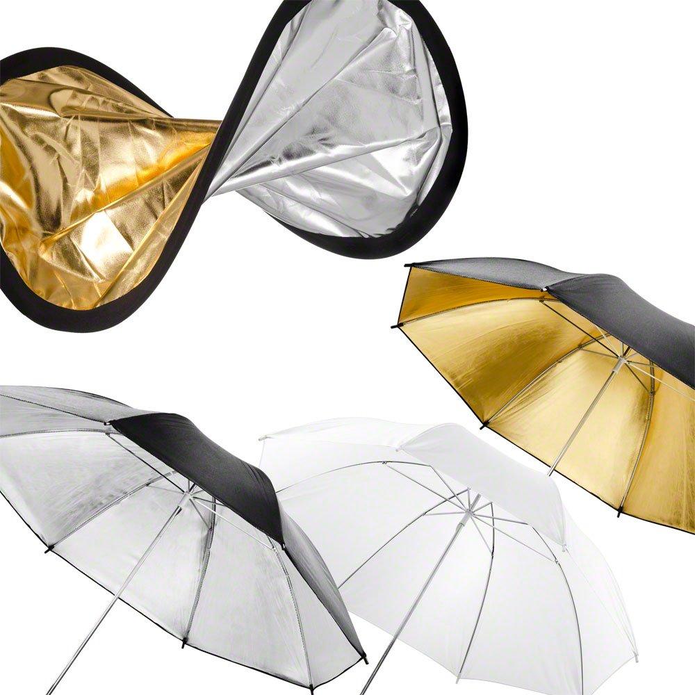 Foto Reflector doble Walimex + 3 paraguas de 84cm en Dorado, Plata y Blanco
