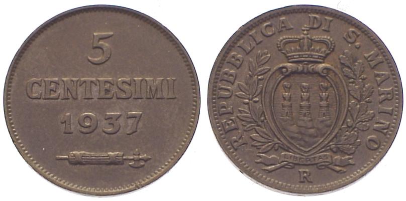 Foto Republik San Marino 5 Centesimi 1937 R