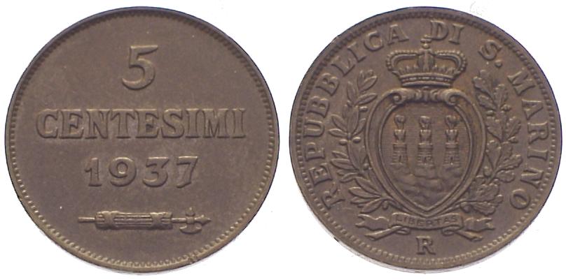 Foto Republik San Marino 5 Centesimi 1937 R