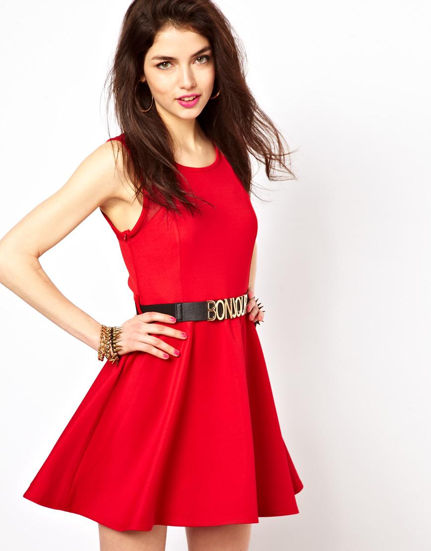 Foto Reverse Skater Dress With 'Bonjour' Belt Cherry red