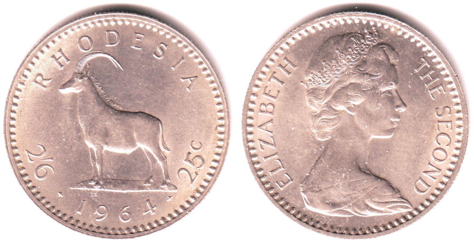 Foto Rhodesien Simbabwe 2 Shilling + 6 Pence = 25 Cent 1964