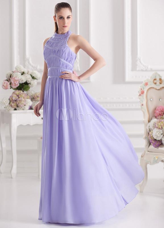 Foto Romántica gasa lavanda vestido plisado Halter-Vestido de fiesta