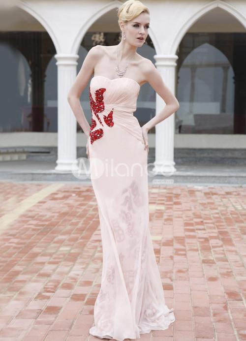 Foto Rosa Strapless rebordear impresión Tencel Spining satinado Womens vestido de noche