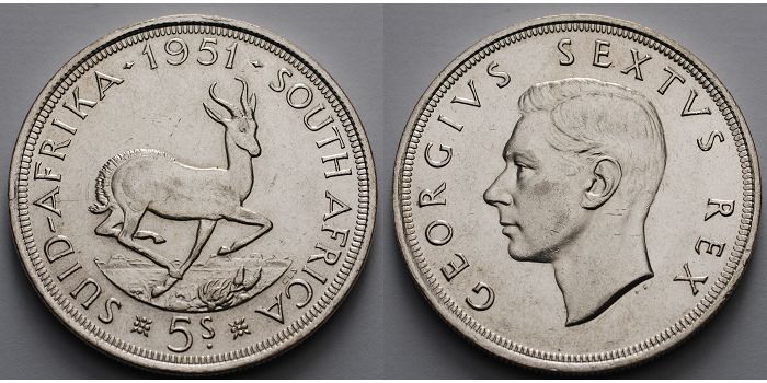 Foto Südafrika 5 Shillings 14,4 g fein 38 mm Ø 1951