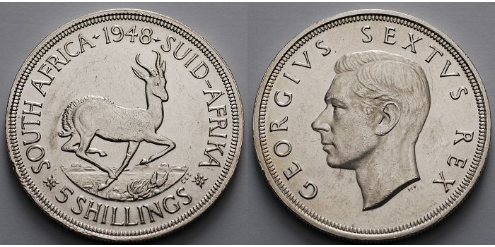 Foto Südafrika 5 Shillings 23,04 g fein 38 mm Ø 1948