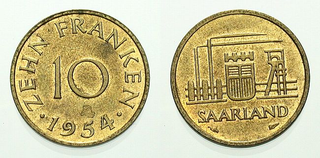 Foto Saargebiet-Saarland Cu/Al-10 Franken 1954