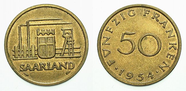 Foto Saargebiet-Saarland Cu/Al-50 Franken 1954