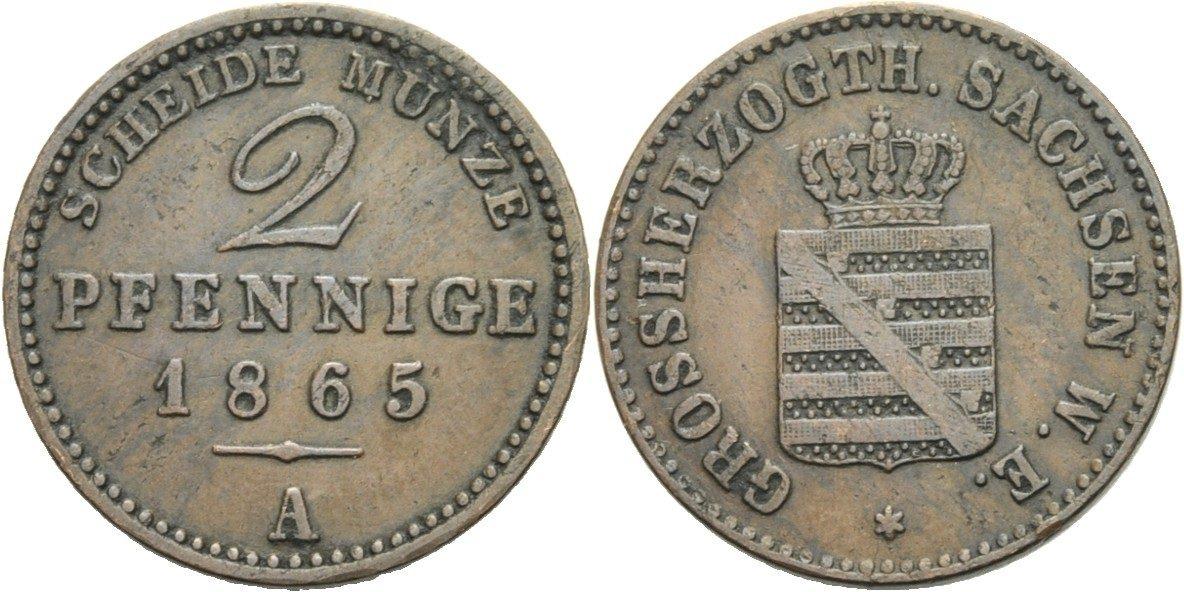 Foto Sachsen Weimar und Eisenach 2 Pfennig 1865