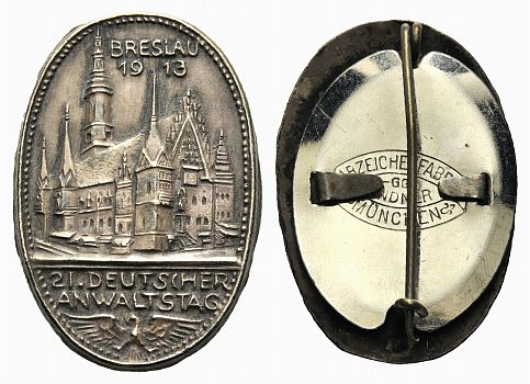 Foto Schlesien-Breslau, Stadt Ovales, einseitiges Bronzeabzeichen 1913