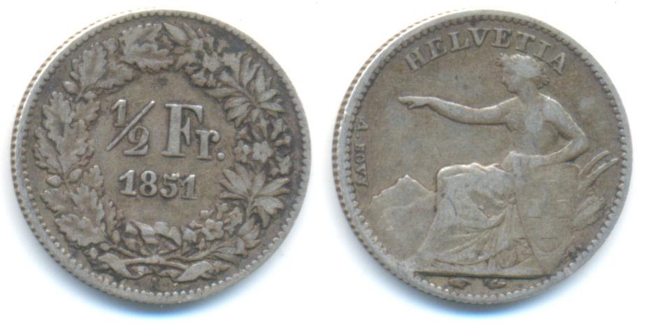 Foto Schweiz: Eidgenossenschaft 1/2 Franken 1851 A