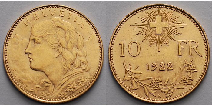 Foto Schweiz 10 Franken 2,90g fein 19 mm Ø 1922 B