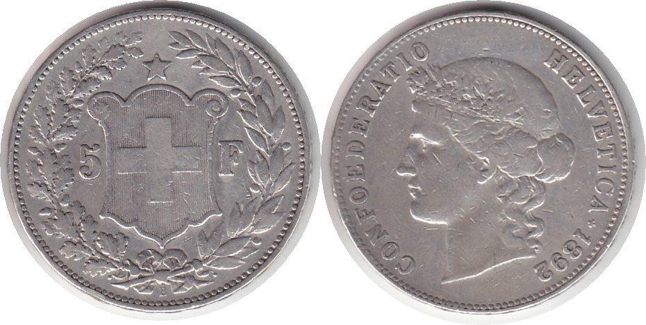 Foto Schweiz 5 Franken 1892