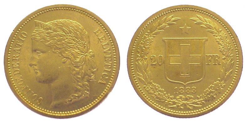 Foto Schweiz-Eidgenossenschaft 20 Franken Gold 1883