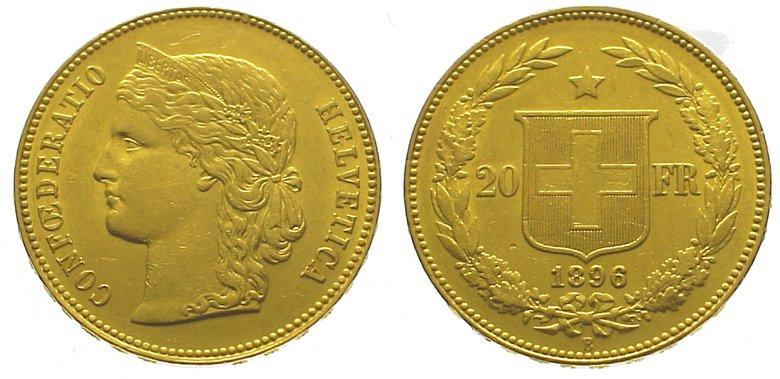 Foto Schweiz-Eidgenossenschaft 20 Franken Gold 1896 B