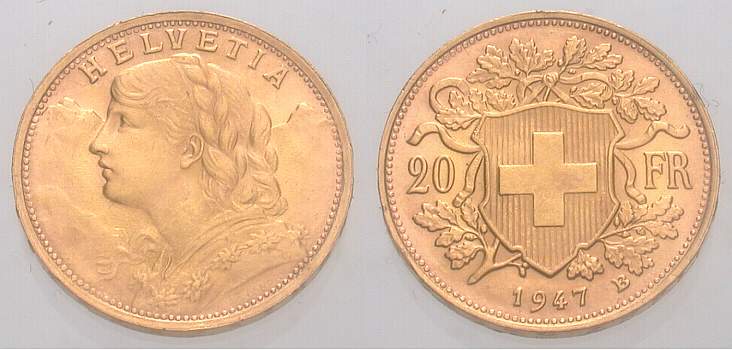 Foto Schweiz-Eidgenossenschaft 20 Franken Gold 1947 B