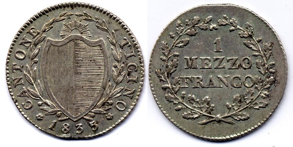Foto Schweiz / Switzerland Mezzo Franco / 1/2 Franken 1835