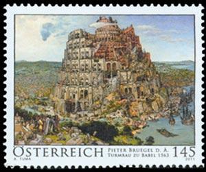 Foto Sello de Austria 2767 Torre de Babel. Pintura de Bruegel