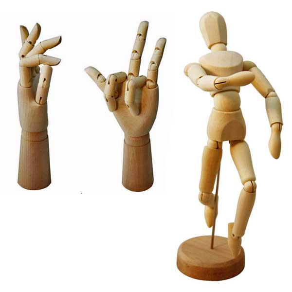 Foto Set con Muñeco Articulado Madera y 2 Manos Mujer y Hombre para Dibujo