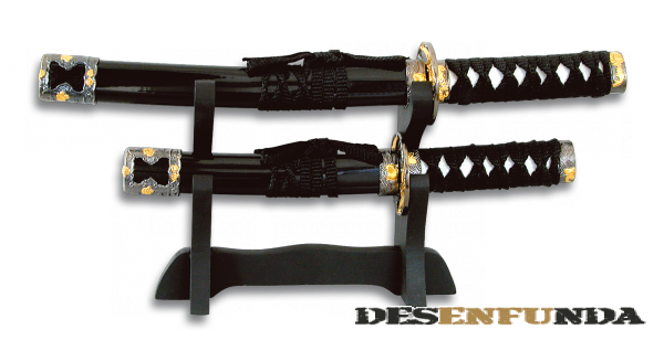 Foto Set de 2 Katanas Toledo Imperial mango encordado y hoja de acero carbono tamaños 17.5 y 11.5 cm con peana 31581