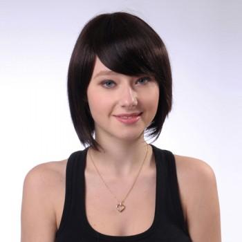 Foto sin tapa corto castaño ondulado 100% del pelo humano pelucas side expl